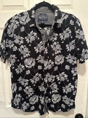 American Rag Black Short-Sleeve Button-Down with White Floral Print